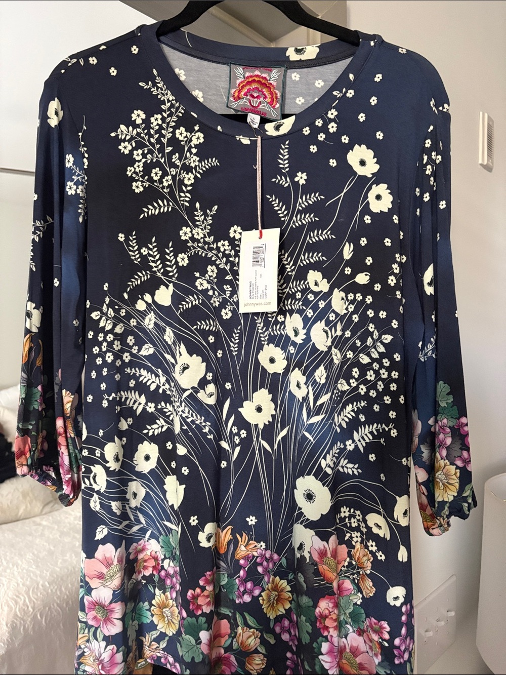 Johnny Was Navy Floral Scoop-Neck Tunic with Cream Meadow & Multicolor Bloom Hem
